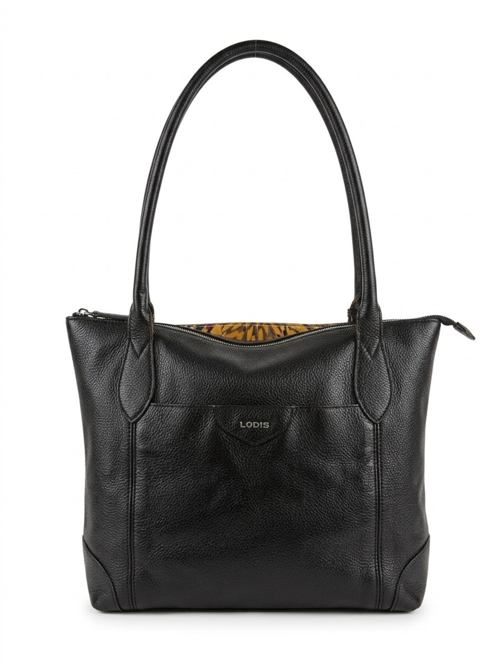 LODIS Black Pebbled Leather Floral Lined Shoulder Tote Bag